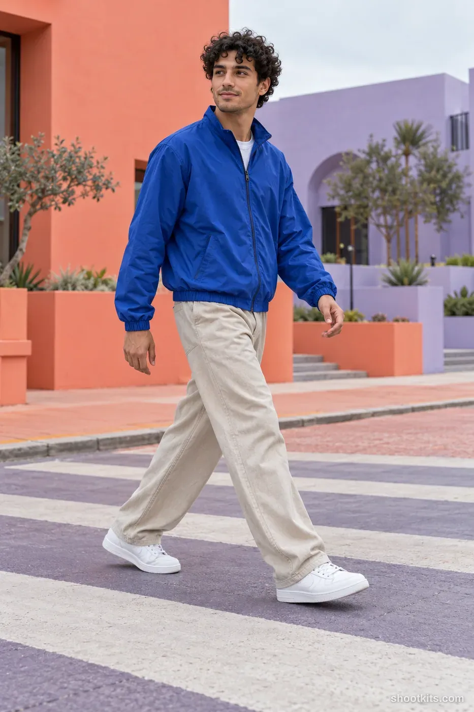 Crosswalk stride: streetwear photo made with ChatGPT. coral and lavender pedestrian plaza, empty crossing.
