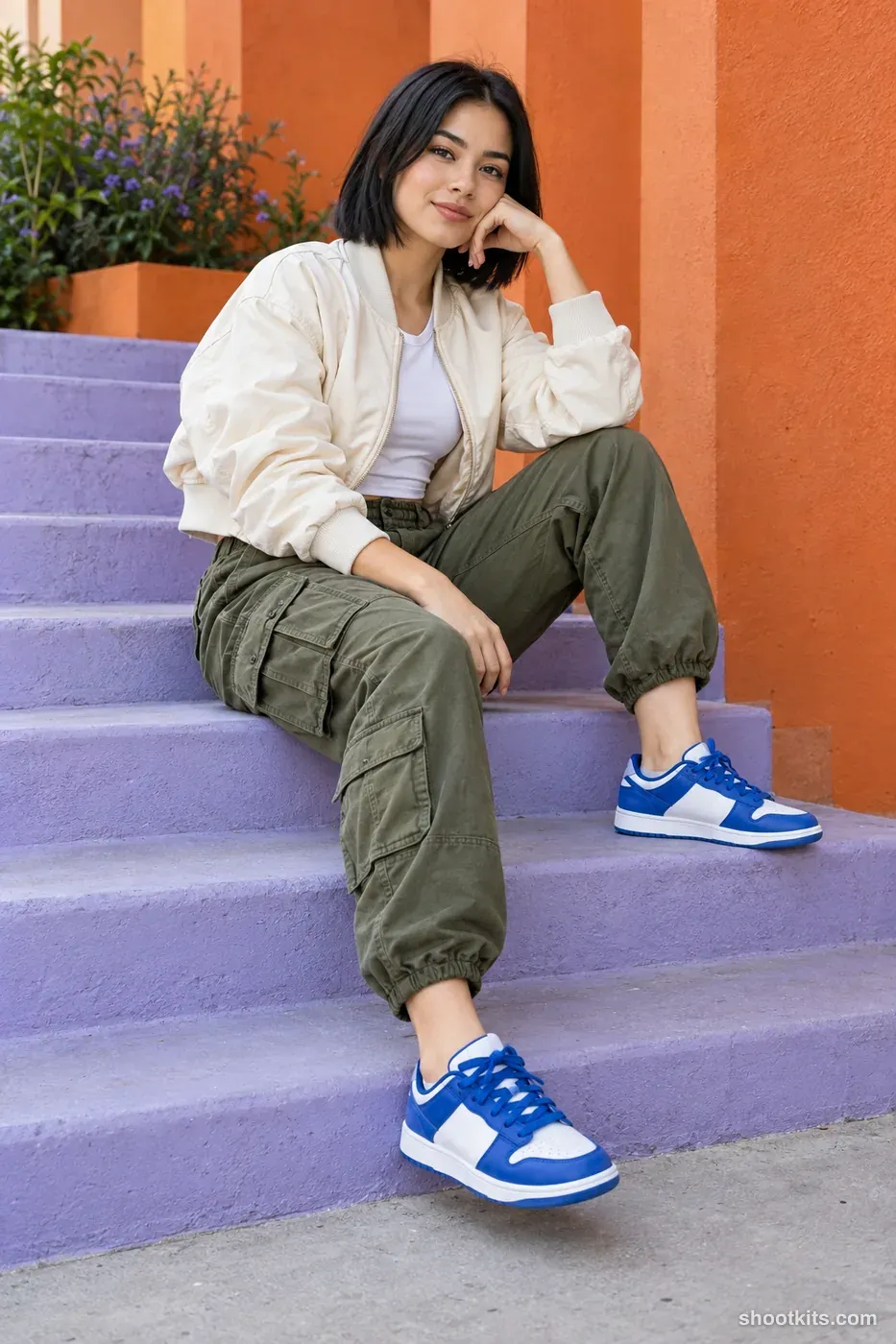 Stairway sit: streetwear photo made with ChatGPT. lilac concrete steps beside an orange architectural wall.