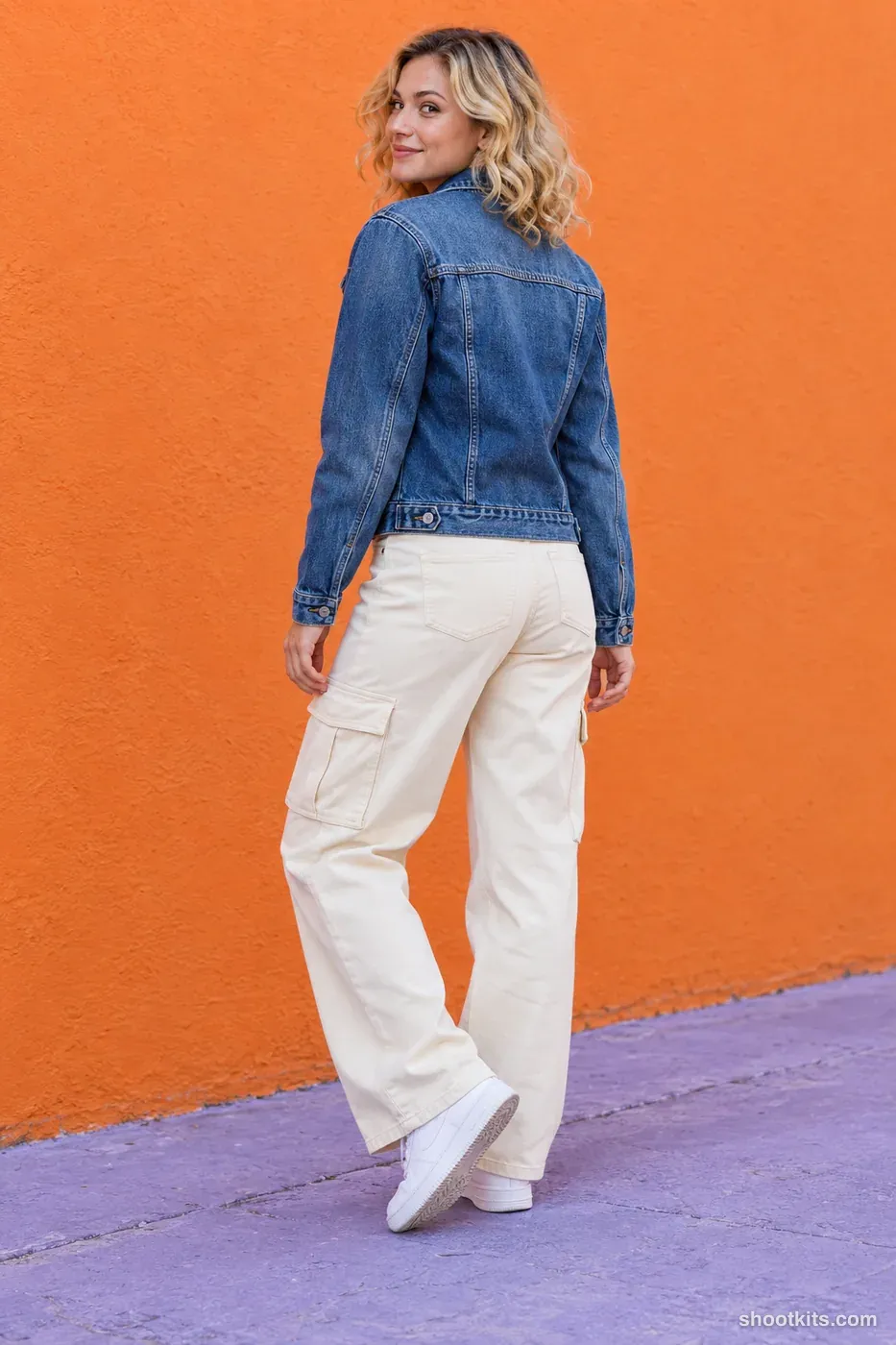 Denim back turn: streetwear photo made with ChatGPT. orange mural-free wall and lavender pavement.