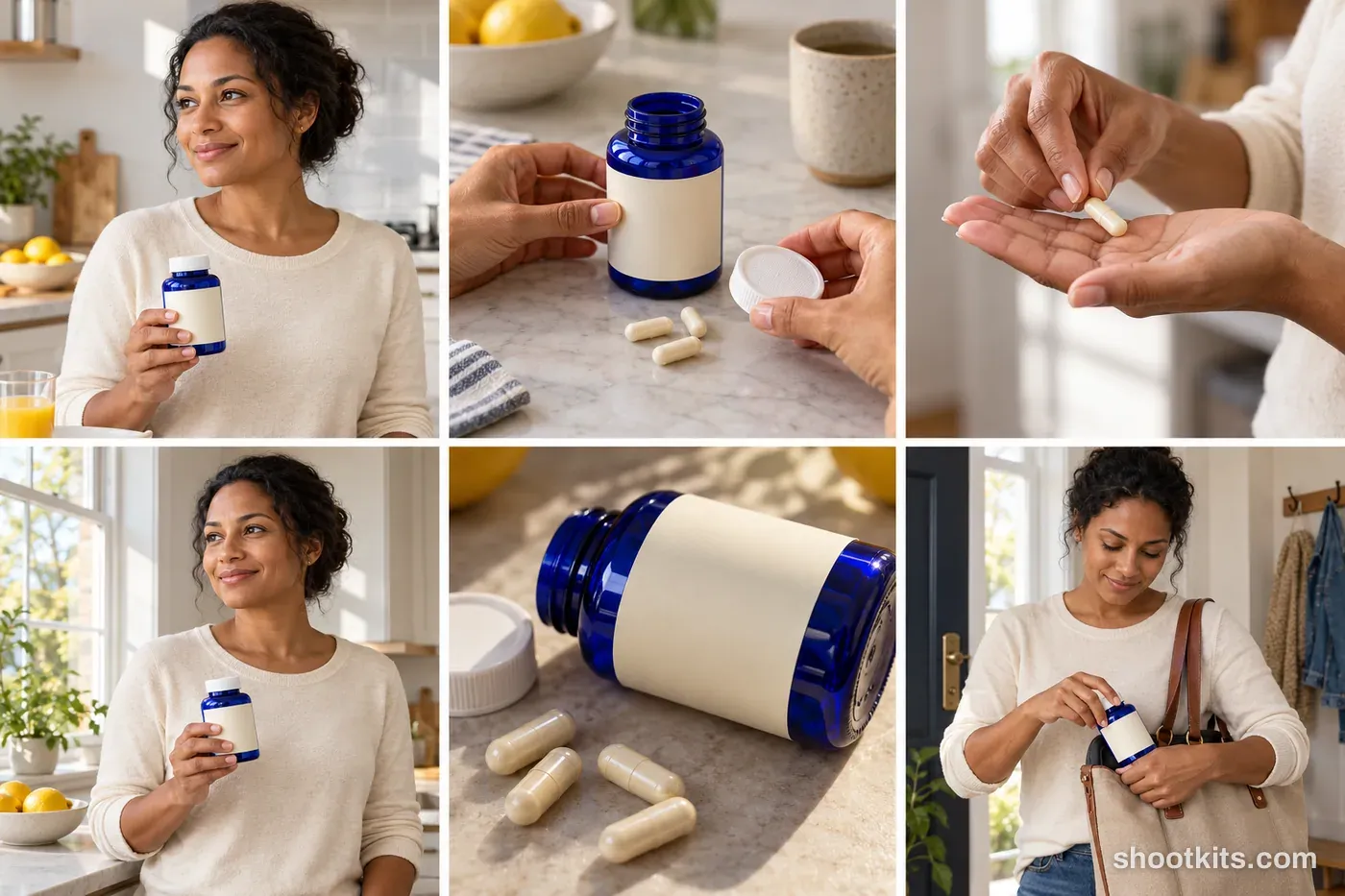 6-panel vitamins and capsules lifestyle shoot made with ChatGPT
