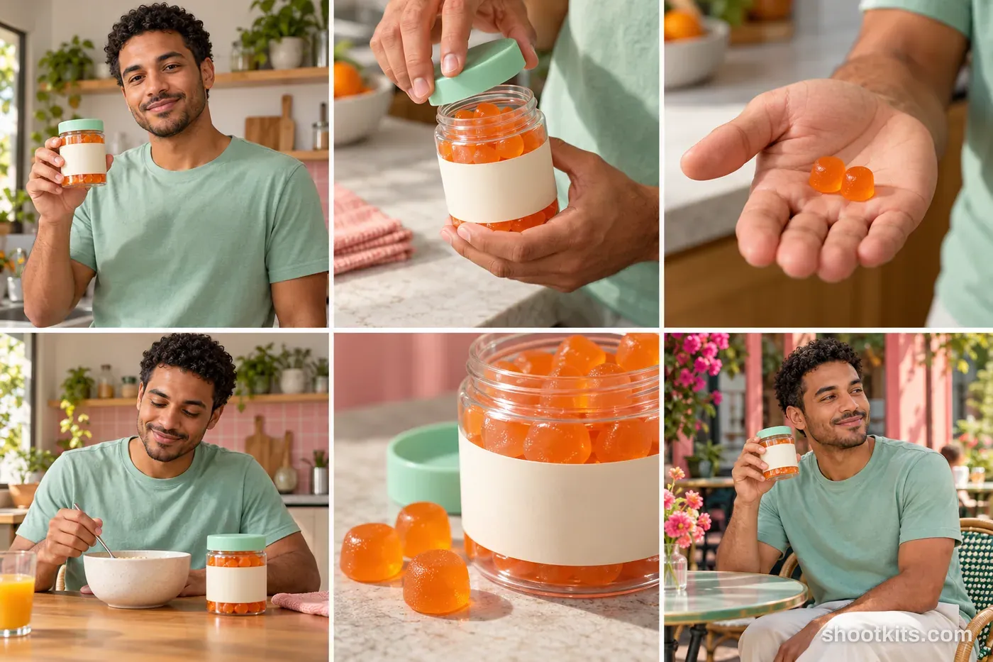 6-panel gummies lifestyle shoot made with ChatGPT