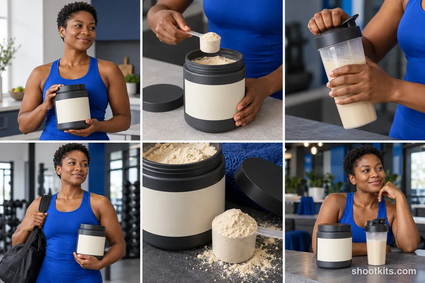 6-panel protein powders studio shoot with a model made with ChatGPT