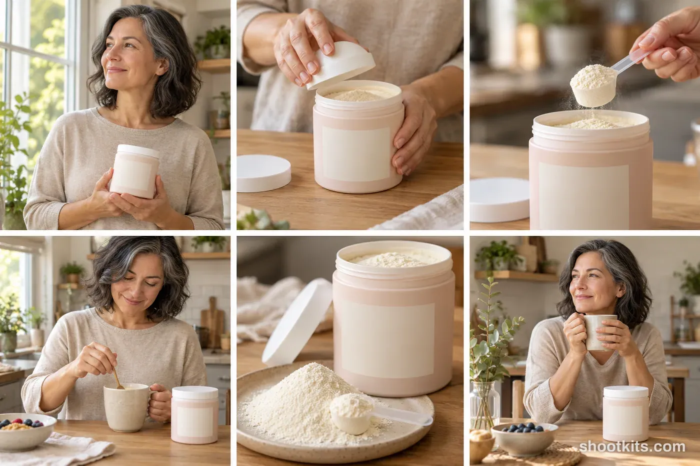 6-panel collagen powders lifestyle shoot made with ChatGPT