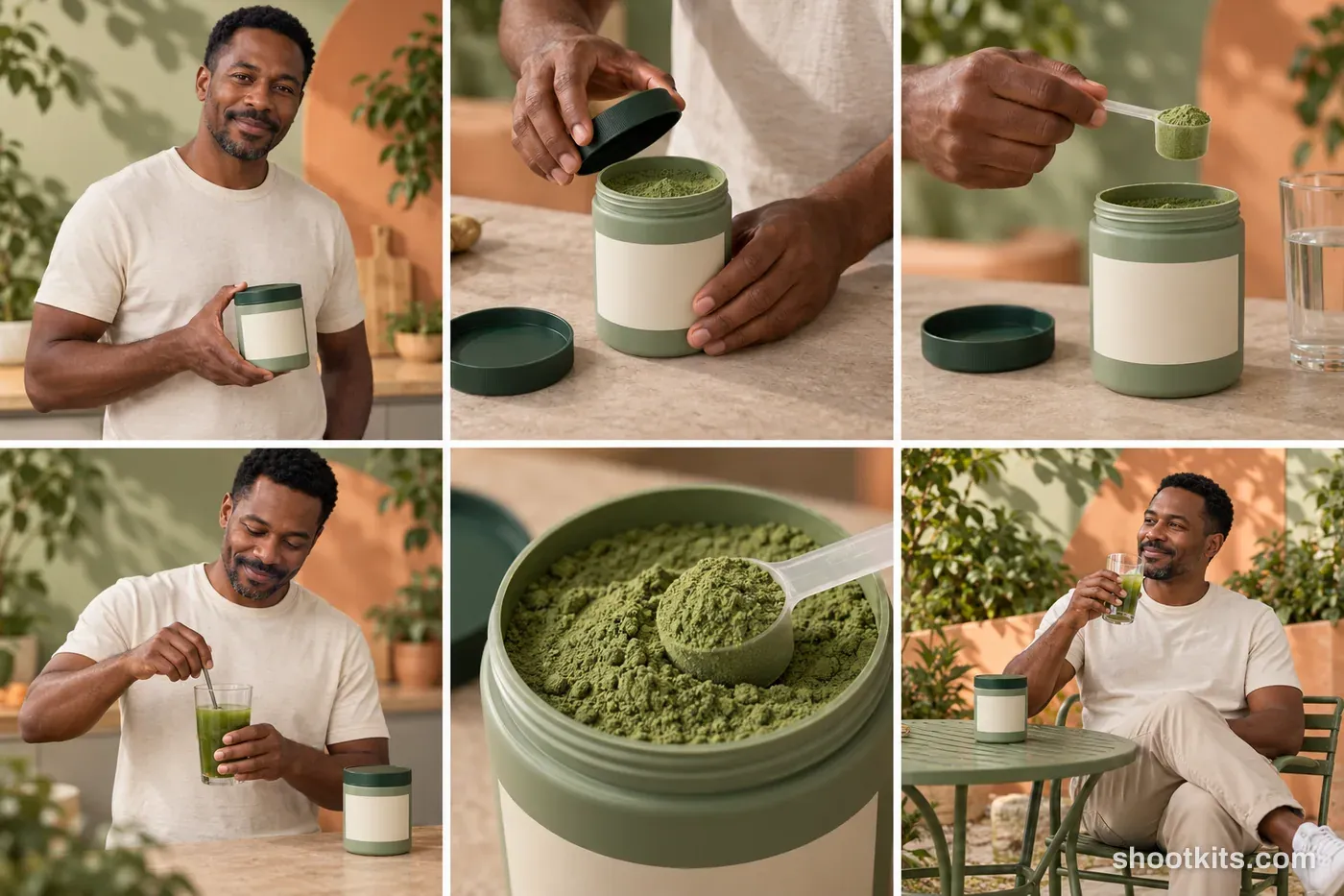 6-panel greens powders studio shoot with a model made with ChatGPT
