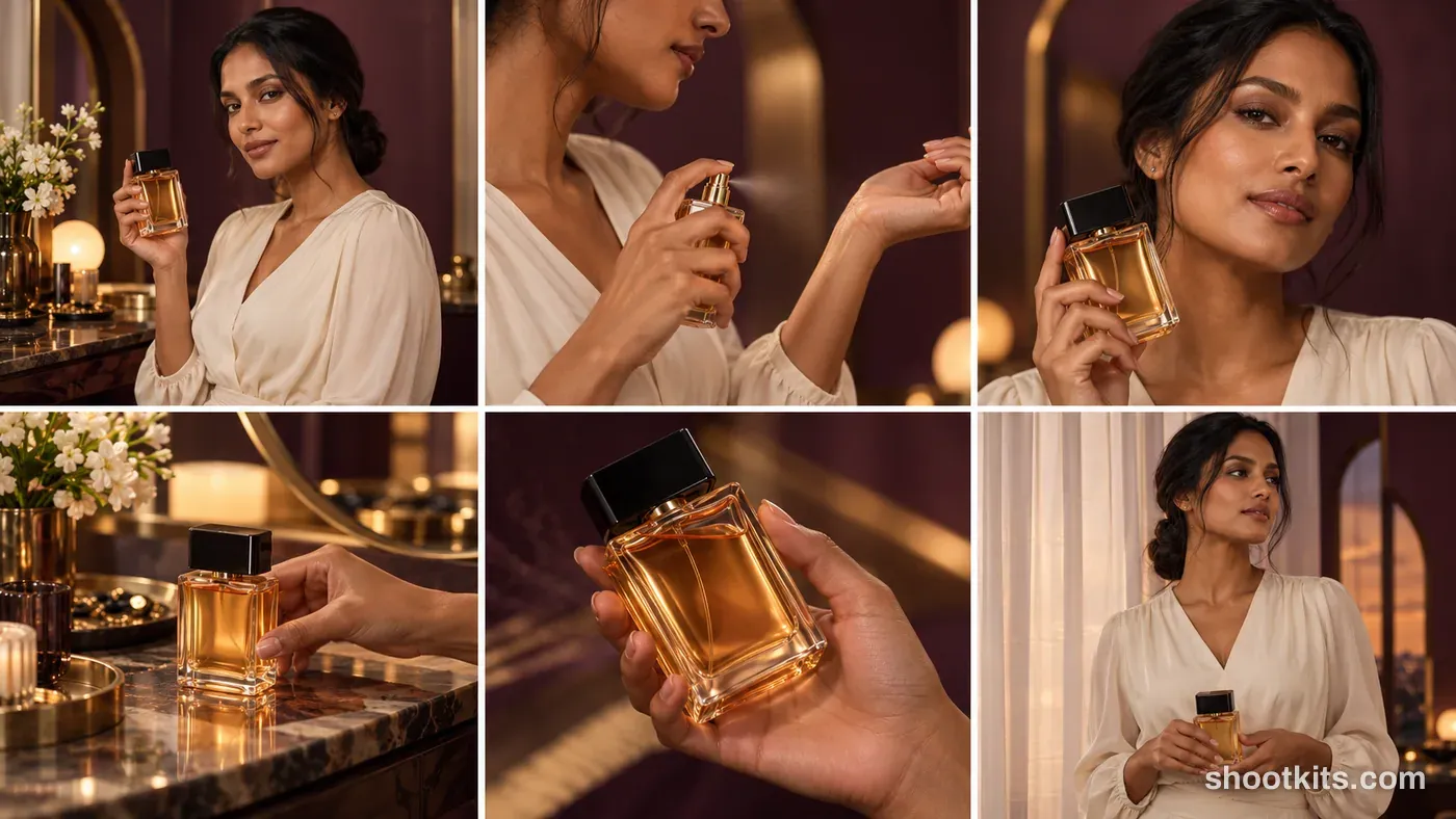6-panel perfume bold creative campaign made with ChatGPT
